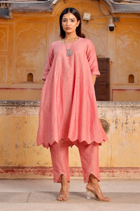 Shop_ASRUMO_Pink Chanderi, Organza, Cotton Embroidery, Lace, Mirrors Mukaish Kurta Set_Online_at_Aza_Fashions