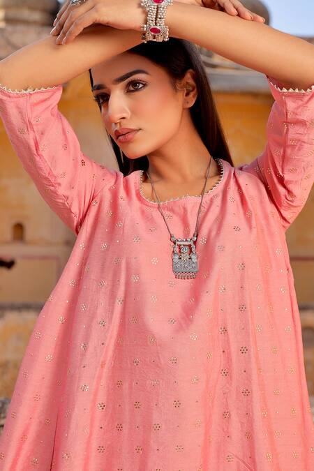 ASRUMO_Pink Chanderi, Organza, Cotton Embroidery, Lace, Mirrors Mukaish Kurta Set_at_Aza_Fashions