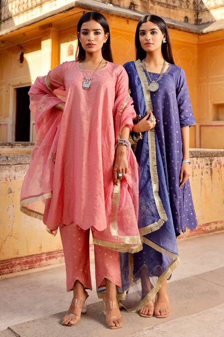 Buy_ASRUMO_Pink Chanderi, Organza, Cotton Embroidery, Lace, Mirrors Mukaish Kurta Set