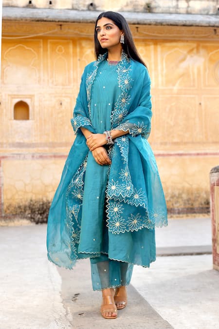 ASRUMO_Green Chanderi, Organza, Cotton Mirrors, Zari Round Pintucked Kurta Pant Set _Online_at_Aza_Fashions