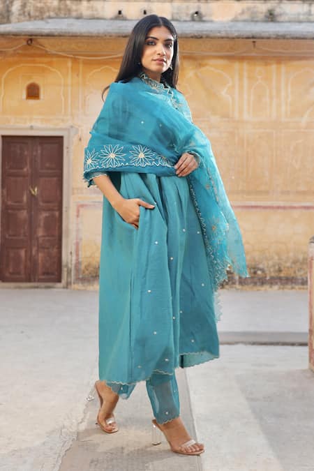 Shop_ASRUMO_Green Chanderi, Organza, Cotton Mirrors, Zari Round Pintucked Kurta Pant Set _Online_at_Aza_Fashions