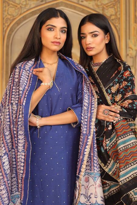 ASRUMO_Blue Chanderi, Cotton Embroidery, Mirrors V-neck Mukaish Kurta Pant Set_Online_at_Aza_Fashions