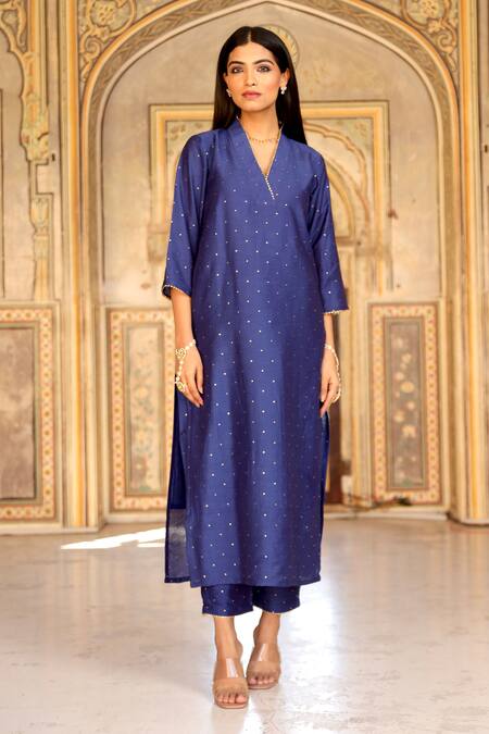 Shop_ASRUMO_Blue Chanderi, Cotton Embroidery, Mirrors V-neck Mukaish Kurta Pant Set_Online_at_Aza_Fashions