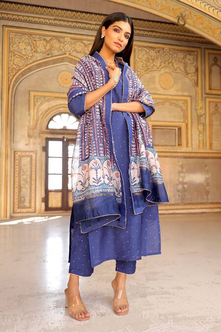 ASRUMO_Blue Chanderi, Cotton Embroidery, Mirrors V-neck Mukaish Kurta Pant Set_at_Aza_Fashions