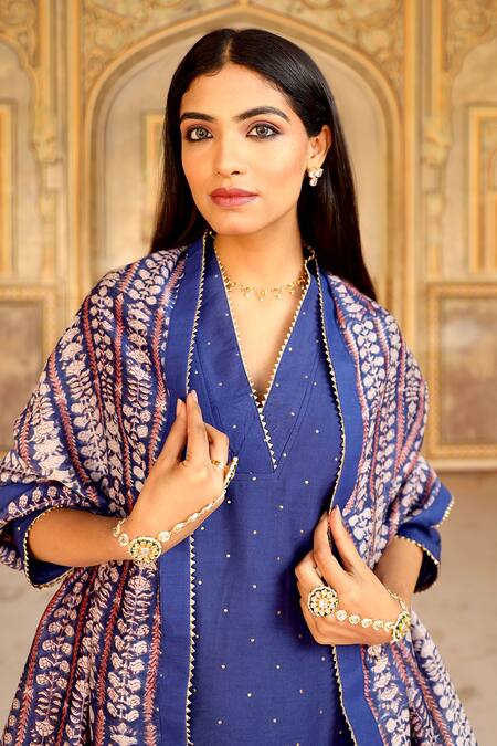 Buy_ASRUMO_Blue Chanderi, Cotton Embroidery, Mirrors V-neck Mukaish Kurta Pant Set