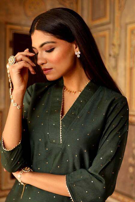 ASRUMO_Green Chanderi, Cotton Mirrors, Embroidery V-neck Kurta Set_at_Aza_Fashions