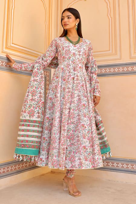 ASRUMO Chanderi Hand Block Printed Anarkali Set 