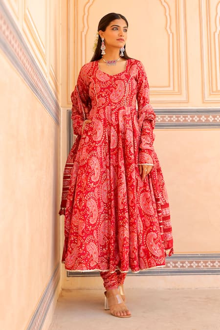 ASRUMO Red Chanderi Hand Block Printed Floral Flower Anarkali Set 