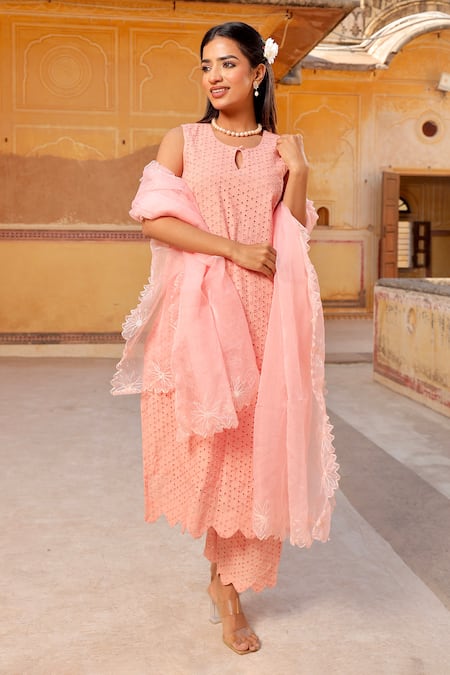 Shop_Asrumo_Peach Cotton Organza Keyhole Pattern Kurta Set _at_Aza_Fashions