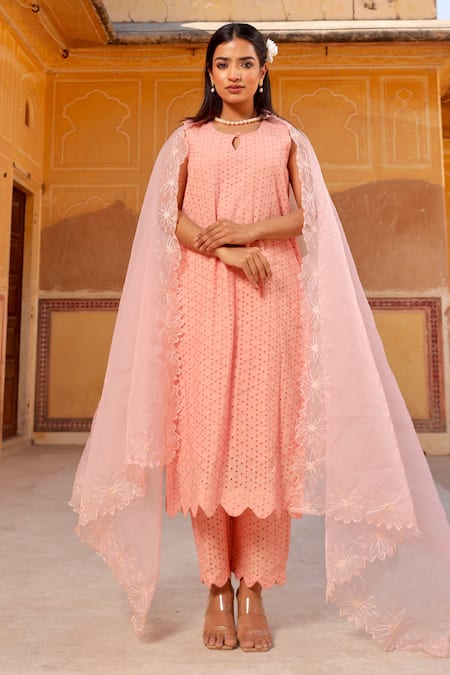Asrumo_Peach Cotton Organza Keyhole Pattern Kurta Set _Online_at_Aza_Fashions