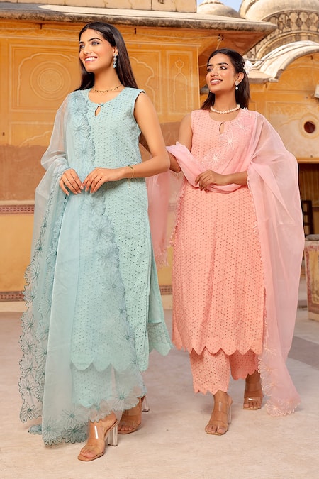 Asrumo_Peach Cotton Organza Keyhole Pattern Kurta Set _at_Aza_Fashions