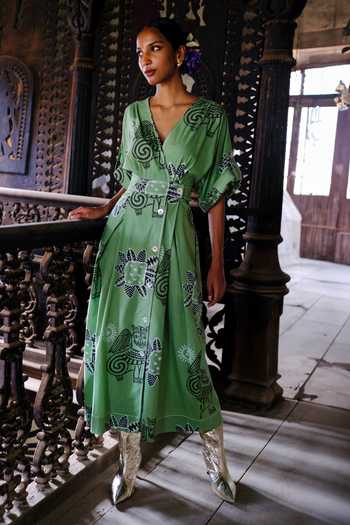 Buy Green Cotton Embroidery Abstract Print Midi Wrap Dress With A  Detachable Belt For Women by Jodi Online at Aza Fashions.