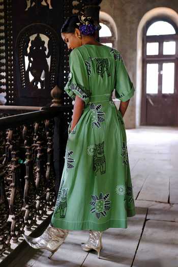 Buy Green Cotton Embroidery Abstract Print Midi Wrap Dress With A  Detachable Belt For Women by Jodi Online at Aza Fashions.