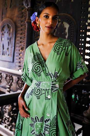 Buy Green Cotton Embroidery Abstract Print Midi Wrap Dress With A  Detachable Belt For Women by Jodi Online at Aza Fashions.