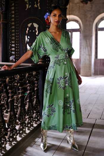 Buy Green Cotton Embroidery Abstract Print Midi Wrap Dress With A  Detachable Belt For Women by Jodi Online at Aza Fashions.