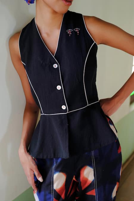 Shop Jodi Black Handloom Cotton Embroidery V-neck Kokum Placement Peplum Top at Aza Fashions Shop_Jodi_Black Handloom Cotton Embroidery V-neck Kokum Placement Peplum Top _at_Aza_Fashions