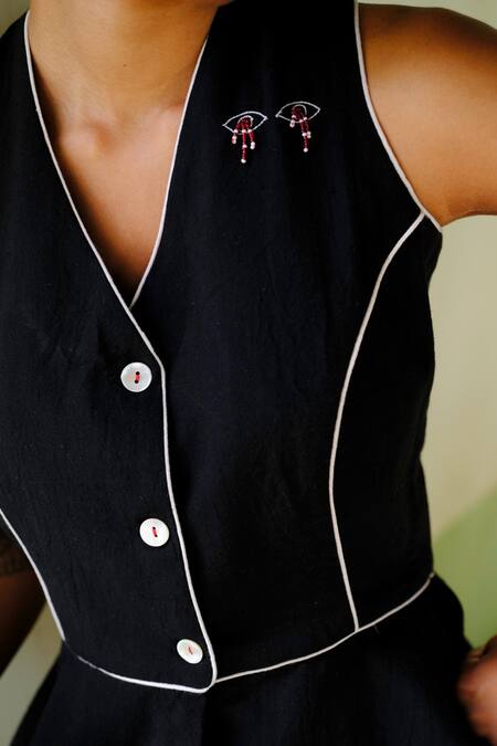 Jodi Black Handloom Cotton Embroidery V-neck Kokum Placement Peplum Top Online at Aza Fashions Jodi_Black Handloom Cotton Embroidery V-neck Kokum Placement Peplum Top _Online_at_Aza_Fashions