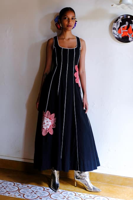 Jodi Black Handloom Cotton Embroidery, Applique Scoop Neck Kokum Floral Dress Online at Aza Fashions Jodi_Black Handloom Cotton Embroidery, Applique Scoop Neck Kokum Floral Dress _Online_at_Aza_Fashions