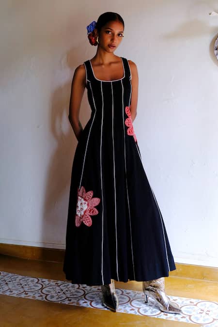Buy Jodi Black Handloom Cotton Embroidery, Applique Scoop Neck Kokum Floral Dress Online at Aza Fashions Buy_Jodi_Black Handloom Cotton Embroidery, Applique Scoop Neck Kokum Floral Dress _Online_at_Aza_Fashions