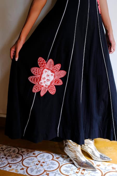 Jodi Black Handloom Cotton Embroidery, Applique Scoop Neck Kokum Floral Dress at Aza Fashions Jodi_Black Handloom Cotton Embroidery, Applique Scoop Neck Kokum Floral Dress _at_Aza_Fashions