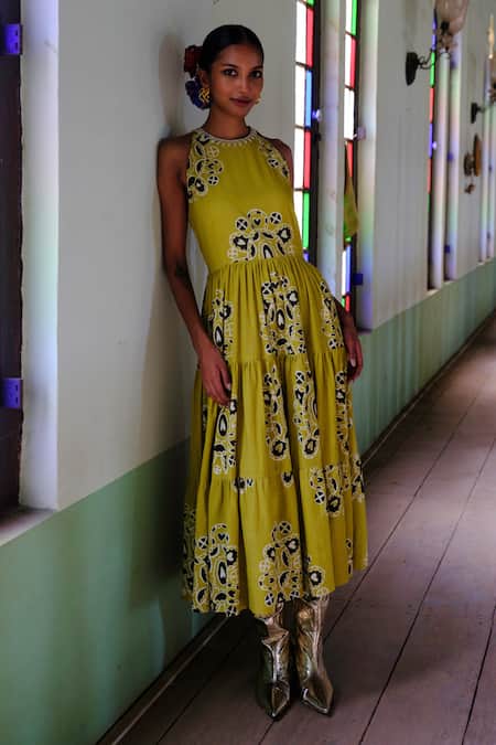 Jodi_Yellow Cotton Embroidery Crew Neck Toddy Block Print Tiered Dress_Online_at_Aza_Fashions
