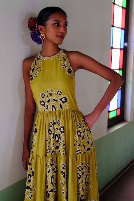 Buy_Jodi_Yellow Cotton Embroidery Crew Neck Toddy Block Print Tiered Dress_Online_at_Aza_Fashions