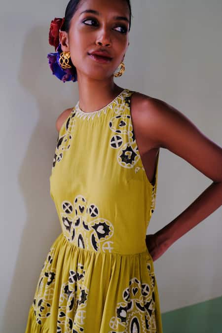 Shop_Jodi_Yellow Cotton Embroidery Crew Neck Toddy Block Print Tiered Dress_Online_at_Aza_Fashions