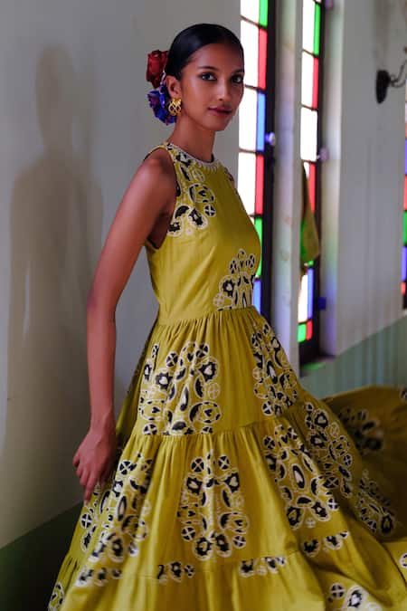 Jodi_Yellow Cotton Embroidery Crew Neck Toddy Block Print Tiered Dress_at_Aza_Fashions