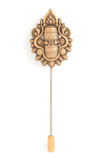 Cosa Nostraa_Gold Shiva Linga Carved Brooch And Lapel Pin Set_at_Aza_Fashions