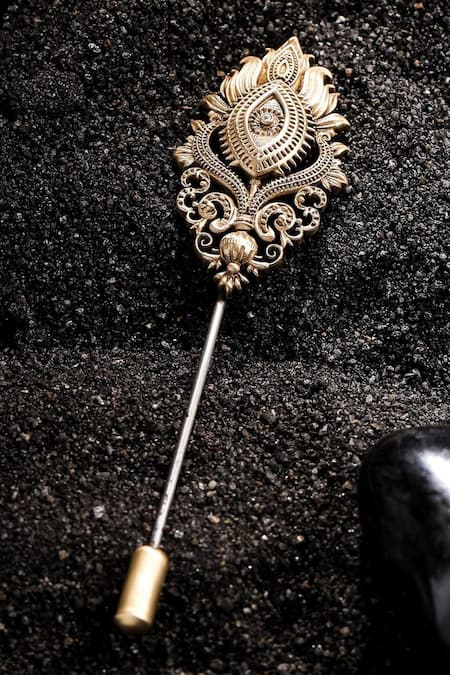 Shop_Cosa Nostraa_Gold Om Trayambakam Carved Brooch And Lapel Pin Set _Online_at_Aza_Fashions