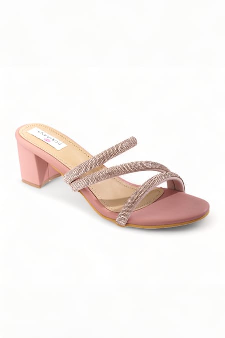 Doriaana Pink Embellished Iona Shimmer Strap Block Heels 