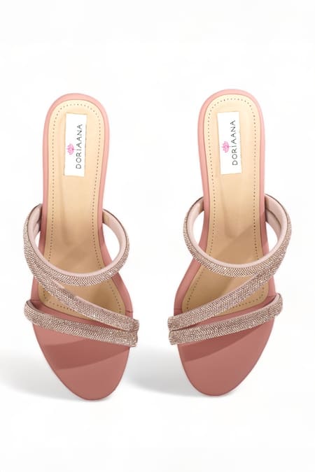 Shop Doriaana Pink Glitter Iona Shimmer Strap Block Heels at Aza Fashions Shop_Doriaana_Pink Glitter Iona Shimmer Strap Block Heels_at_Aza_Fashions