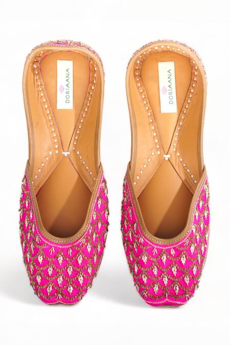 Shop Doriaana Pink Crystal Laila Embellished Juttis at Aza Fashions Shop_Doriaana_Pink Crystal Laila Embellished Juttis _at_Aza_Fashions