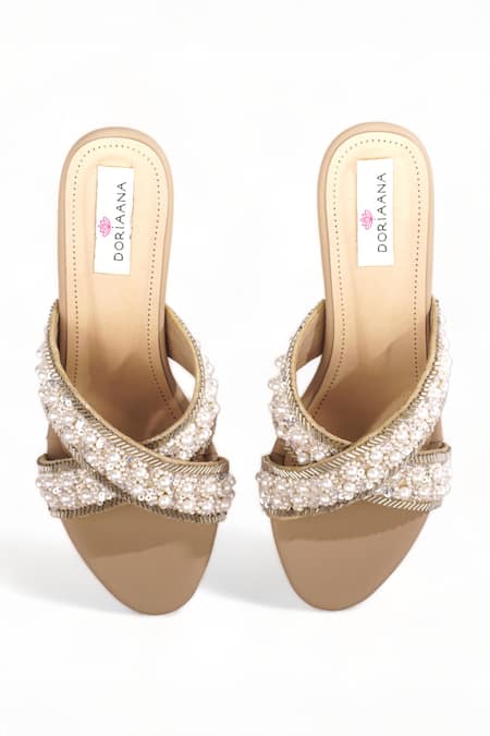 Shop Doriaana Ivory Sequins Lustre Embellished Strap Heels at Aza Fashions Shop_Doriaana_Ivory Sequins Lustre Embellished Strap Heels _at_Aza_Fashions