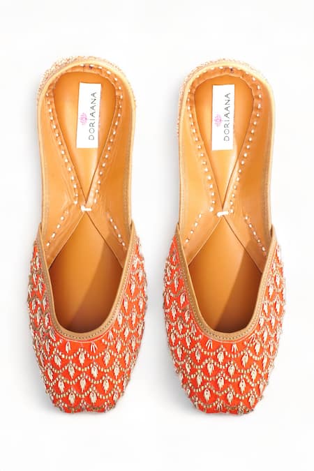 Shop Doriaana Orange Crystal Mandarin Embellished Juttis at Aza Fashions Shop_Doriaana_Orange Crystal Mandarin Embellished Juttis _at_Aza_Fashions