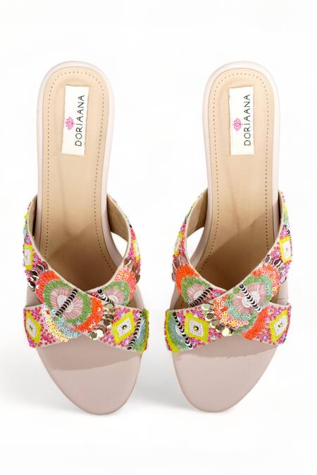 Shop Doriaana Orange Sequins Mosaic Embellished Block Heels at Aza Fashions Shop_Doriaana_Orange Sequins Mosaic Embellished Block Heels _at_Aza_Fashions