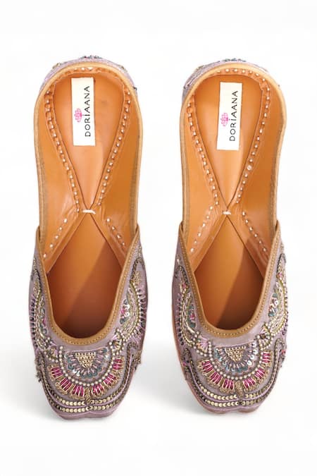 Shop Doriaana Purple Zardozi Noor Hand Embroidered Juttis at Aza Fashions Shop_Doriaana_Purple Zardozi Noor Hand Embroidered Juttis _at_Aza_Fashions