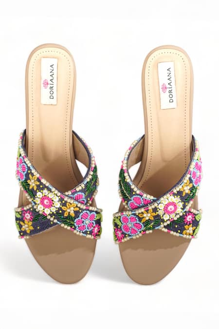 Shop Doriaana Multi Color Beads Opula Floral Embroidered Strap Heels at Aza Fashions Shop_Doriaana_Multi Color Beads Opula Floral Embroidered Strap Heels _at_Aza_Fashions