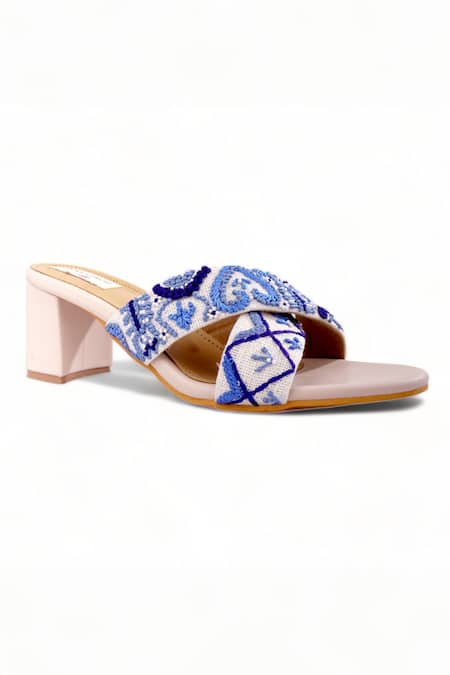 Doriaana_Blue Embroidery Rangrez Thread Strap Block Heels_Online_at_Aza_Fashions