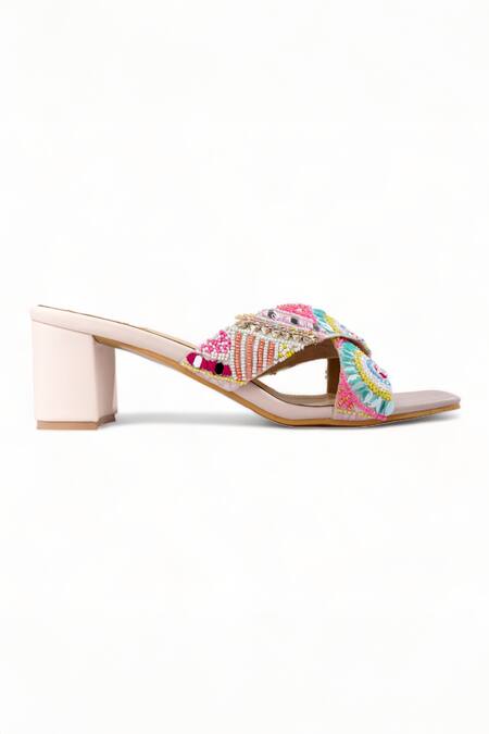 Buy_Doriaana_Pink Sequins, Beads Sunshine Embellished Strap Block Heels_Online_at_Aza_Fashions