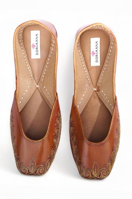 Shop_Doriaana_Brown Amber Thread Embroidered Juttis _at_Aza_Fashions