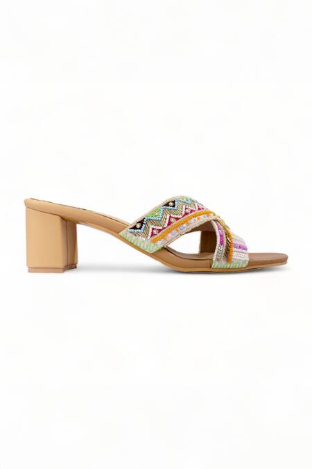 Buy_Doriaana_Multi Color Thread Eleana Bead Embroidered Block Heels _Online_at_Aza_Fashions