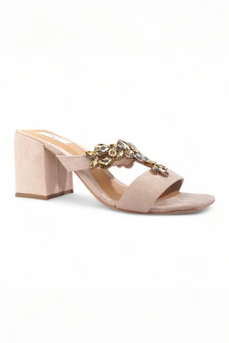 Doriaana_Pink Crystal And Stone Embroidered Freya Block Heels _Online_at_Aza_Fashions