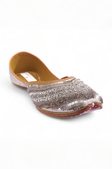 Doriaana_Grey Bead Glaze Sequin And Zari Embroidered Juttis _Online_at_Aza_Fashions