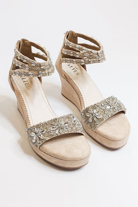 Shop The Alter Beige Rhinestones Bella Embellished Wedges at Aza Fashions Shop_The Alter_Beige Rhinestones Bella Embellished Wedges _at_Aza_Fashions