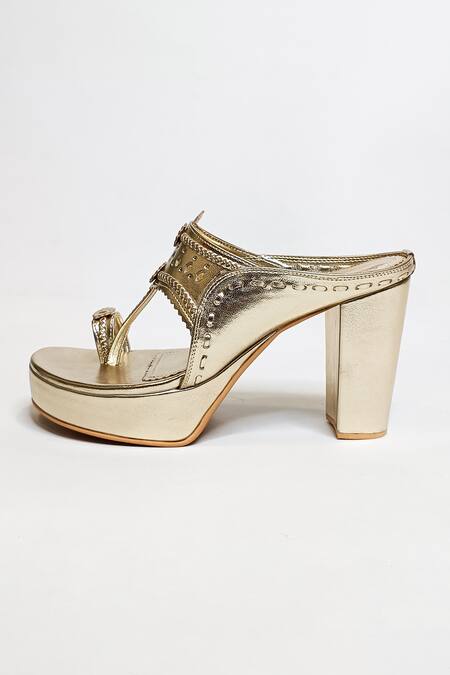The Alter_Gold Cut Work Metallic Kolhapuri Block Heels _Online_at_Aza_Fashions