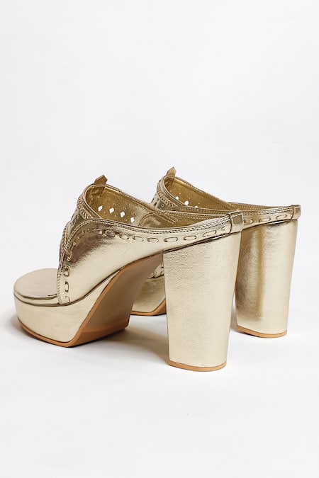 Buy_The Alter_Gold Cut Work Metallic Kolhapuri Block Heels _Online_at_Aza_Fashions
