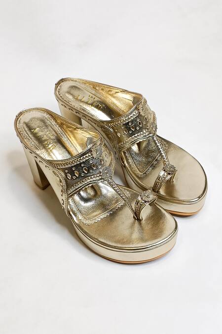 Shop_The Alter_Gold Cut Work Metallic Kolhapuri Block Heels _Online_at_Aza_Fashions