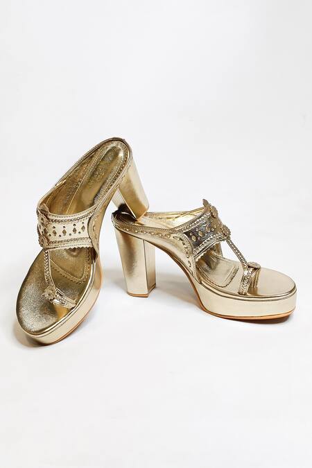 The Alter_Gold Cut Work Metallic Kolhapuri Block Heels _at_Aza_Fashions