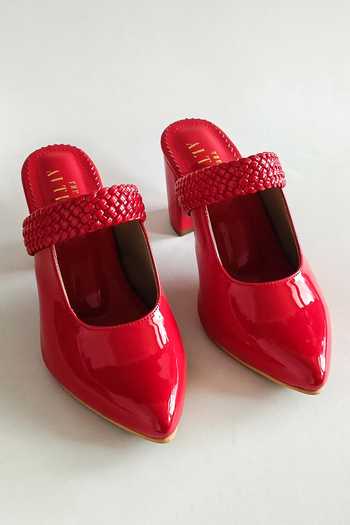 Shop The Alter Red Weave Strap Block Heels at Aza Fashions Shop_The Alter_Red Weave Strap Block Heels _at_Aza_Fashions